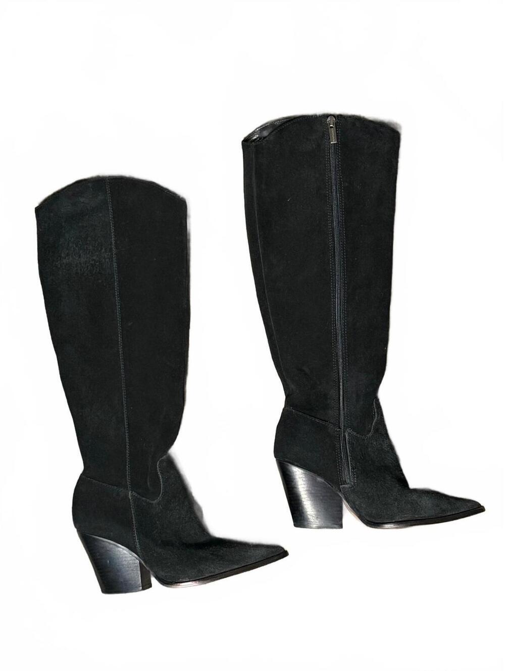 Vince Camuto Suede Black Leather Knee High Tall Western Boho Heel Boot 8.5 37